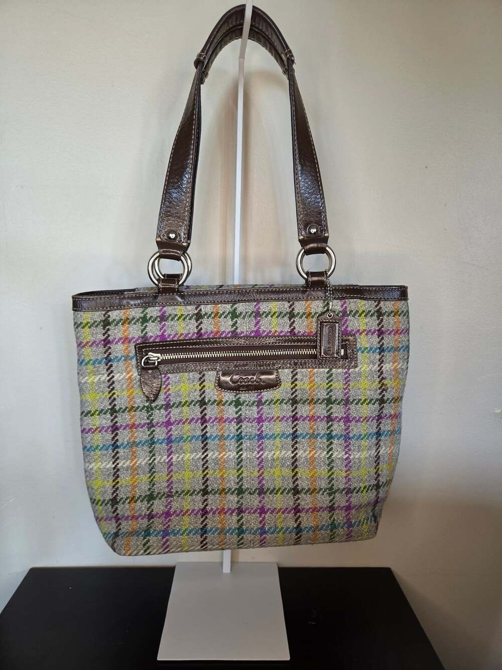 Coach Penelope Tattersall Plaid Wool Tweed Leather Handbag 15536
